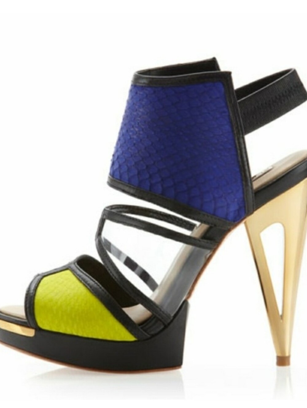 BCBGMaxAzria Blue, Lime and Gold Sculpted Heel Sandals